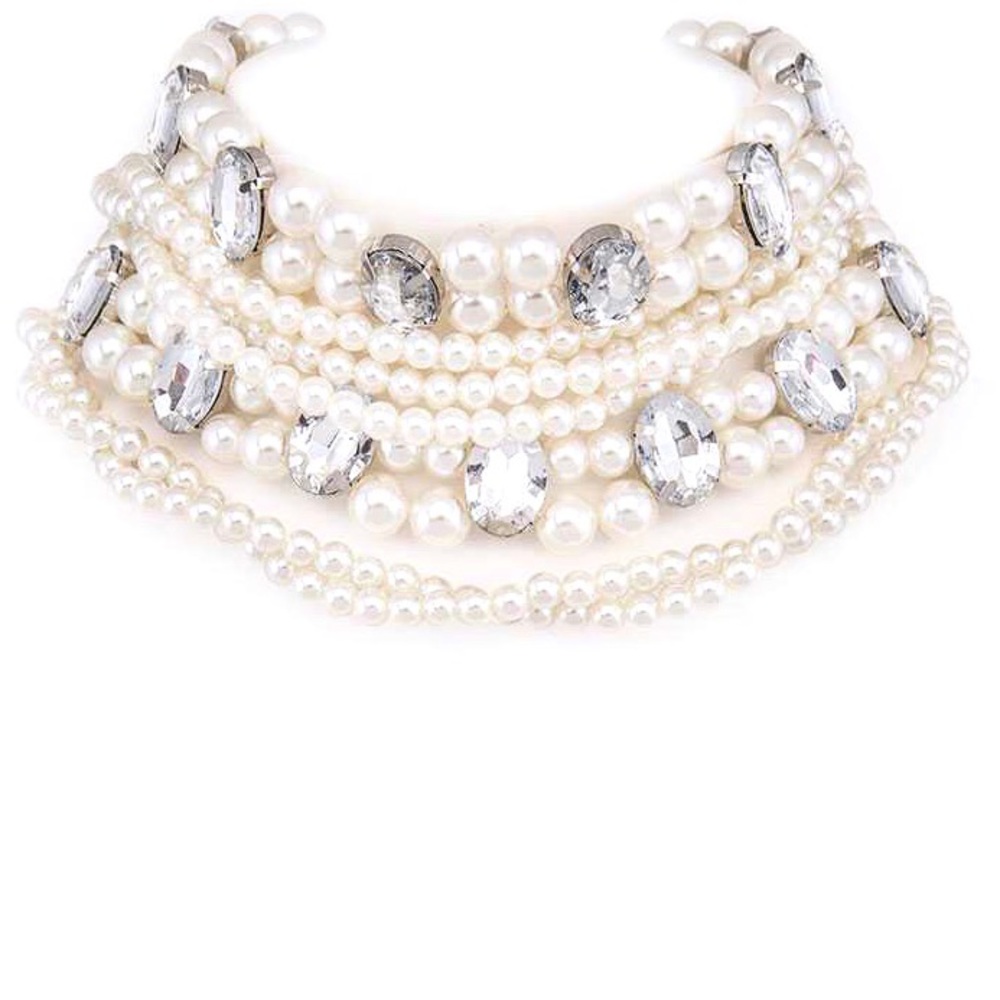 Pearl and Crystal Multistrand Choker Necklace w/Drop Earrings - White or Cream